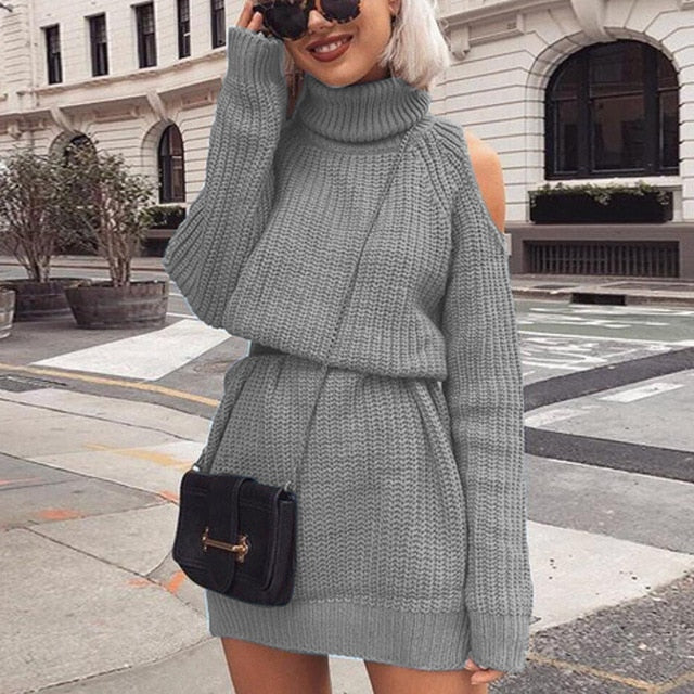 Danjeaner Autumn Winter Turtleneck Off Shoulder Knitted Sweater Dress Allbuyx Danjeaner Autumn Winter Turtleneck Off Shoulder Knitted Sweater Dress Allbuyx
