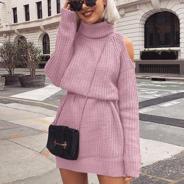 Danjeaner Autumn Winter Turtleneck Off Shoulder Knitted Sweater Dress –  Allbuyx