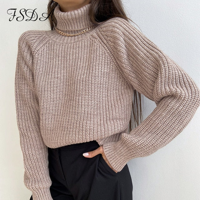 FSDA Turtleneck Women Sweater Women Khaki Long Sleeve Pullover 2020 Autumn Winter Casual Pink Jumper Loose Sweaters Oversized