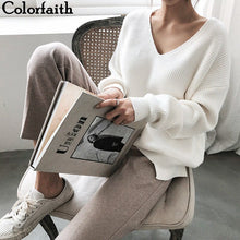 Load image into Gallery viewer, Colorfaith 2020 Autumn Winter Women&#39;s Knitwear sexy V-Neck Minimalist Tops Korean Irregular Hem Knitted Casual Sweaters SW8112
